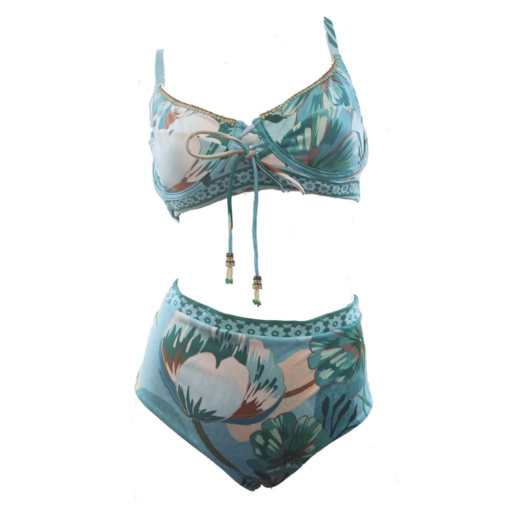 Conjunto Bikini Rosseta Bouquet Calzón Tiro Alto Colombiano Verde