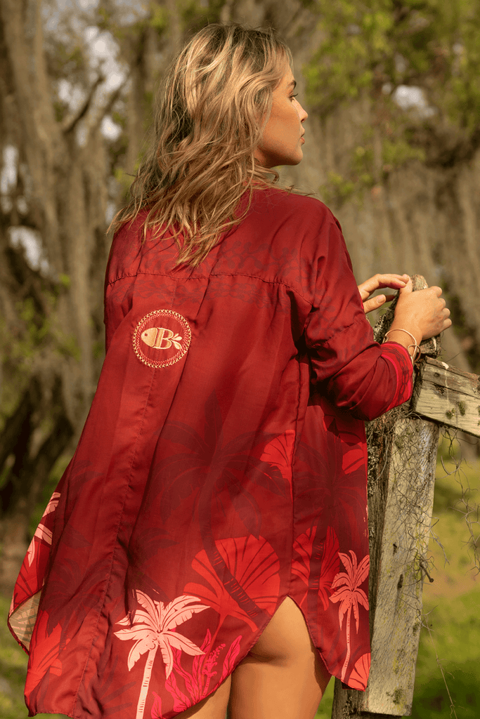 Salida De Baño O Playa Camisón Kimono de Lujo Maxi Palms Rojo Santiago