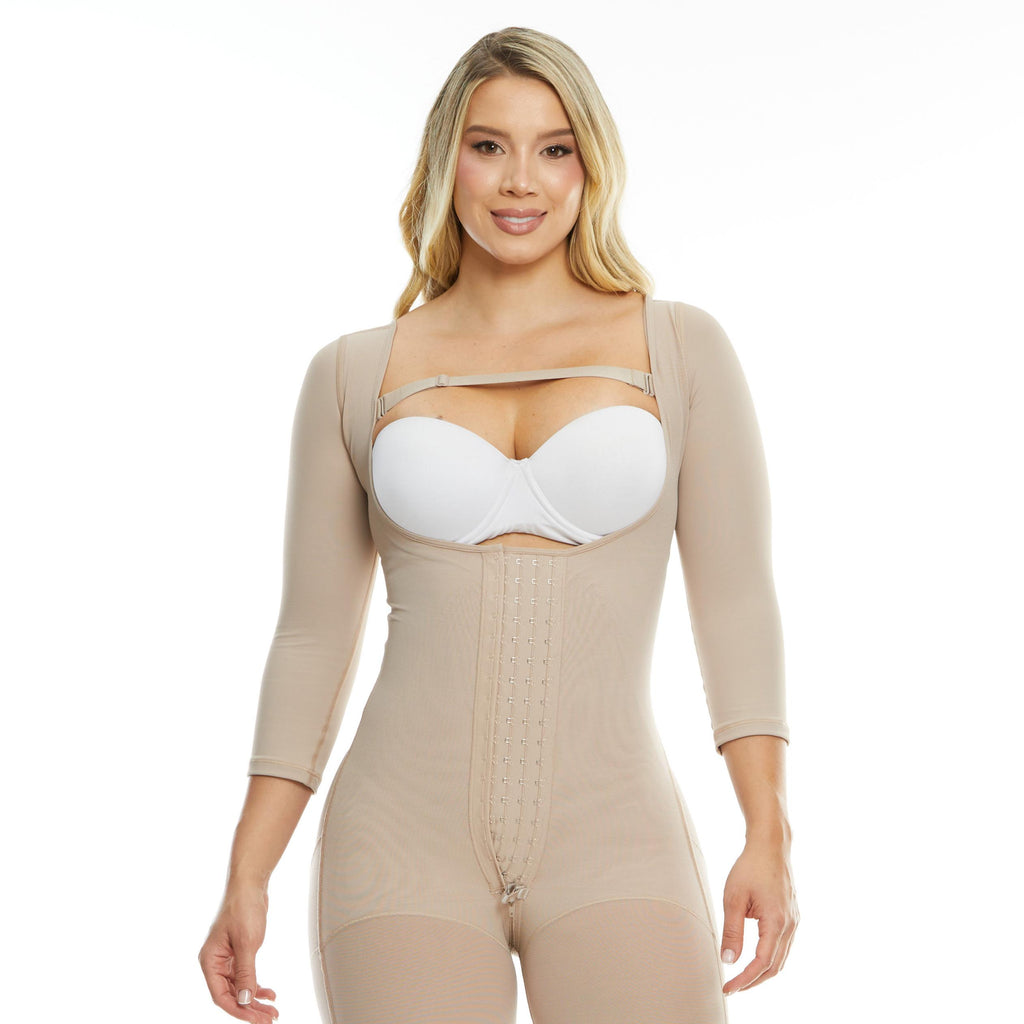 Faja larga beige PaoPink PP022826 de compresión alta con mangas y 4 hileras de broches, ideal para uso diario o postoperatorio