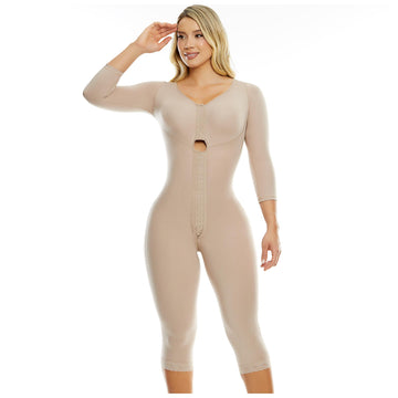 Comprar Faja larga con mangas y sostén PaoPink PP093731B de compresión baja, ideal para la primera etapa postoperatoria tras liposucción 360°. Brinda soporte completo en abdomen, espalda, busto, brazos y piernas. PaoPink, las mejores fajas postoperatorias de Chile con envío a todo el país.